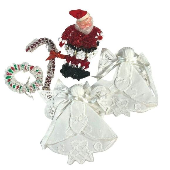 Beaded Lot 5 Handmade Christmas Ornaments Angels Santa Candy Cane Wreath Retro - Picture 1 of 15